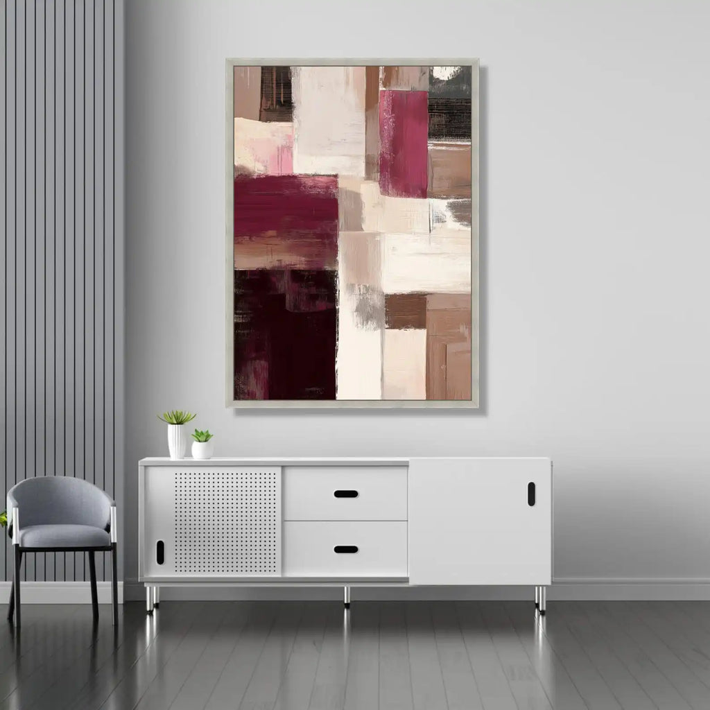 Mhemyo Modern Abstract Geometric Canvas Handmade Wall Art Burgundy and Neutral Contemporary Home Decoration Brushstroke Painting