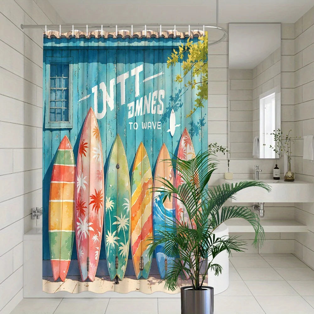 Surfboard Shower Curtain - Colorful Vintage Surf Boards, Blue Wood Wall, Coastal Beach Theme, Summer Ocean Bathroom Decor