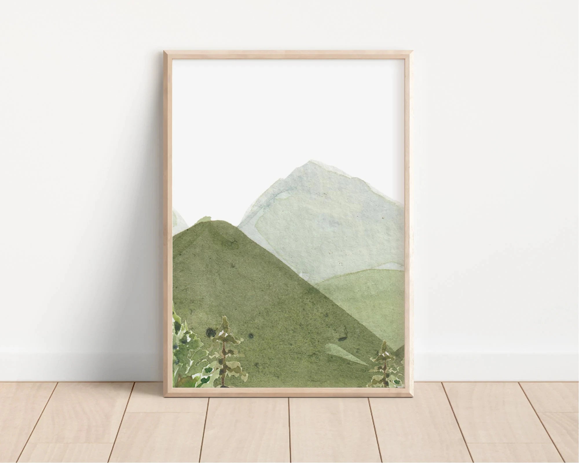 Modern Woodland Nursery Forest Wall Art Watercolor Tree Mountain Birds Canvas Painting Living Room Bedroom Home Decor