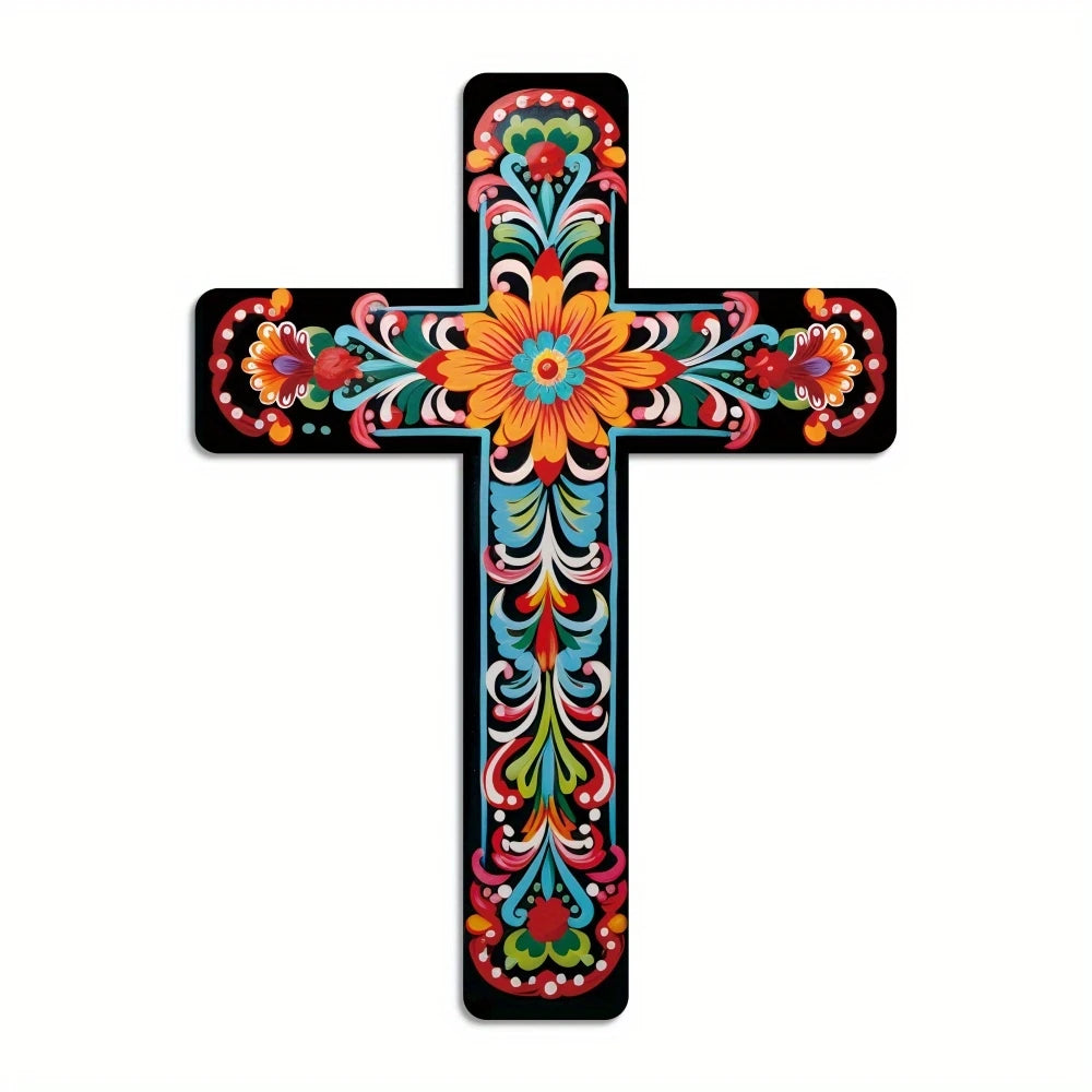 16in 2D Flat Mexican Cross Wooden Wall Art with Colorful Floral Design Wooden Cross Confessor Home Church Farmhouse Decoration