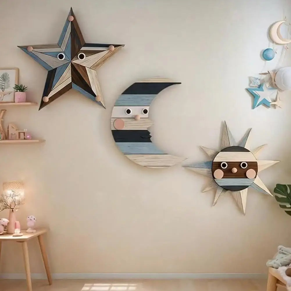 Boho Wall Art Rustic Sun Moon Star Wooden Wall Art Set Bohemian Vintage Wall Hanging Decorations Farmhouse Nordic Boho Home