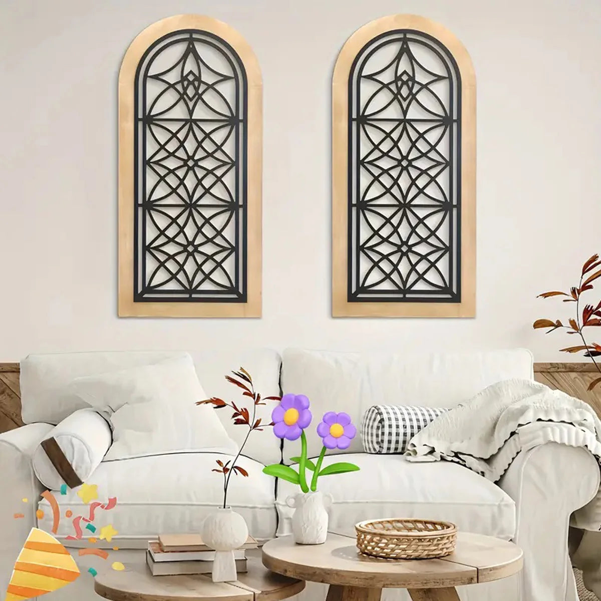2pcs wooden wall art Vintage Farmhouse Arch Wall Sculptures, Self-Adhesive Semi-Circular Panels for Living Room & Office Decor