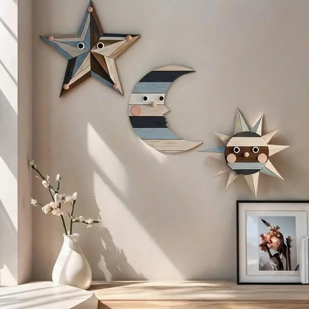 Boho Wall Art Rustic Sun Moon Star Wooden Wall Art Set Bohemian Vintage Wall Hanging Decorations Farmhouse Nordic Boho Home