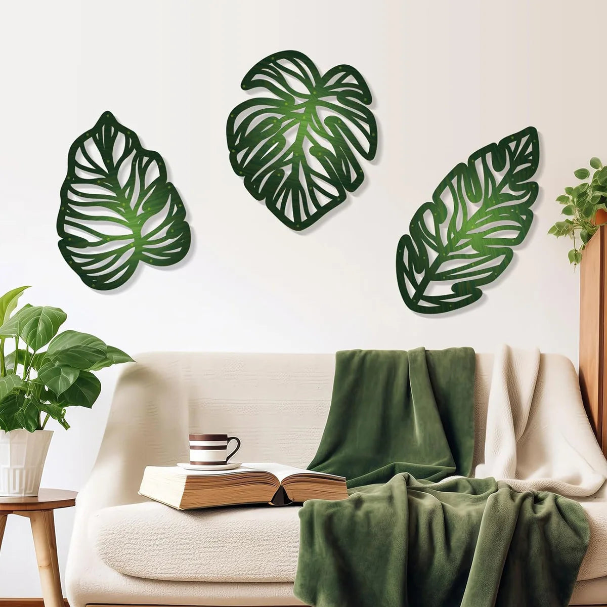 3pcs DIY Wooden Palm Leaves Wall Art Vintage Green Leaf Plant Decor Hanging Accents for Home Bathroom Office