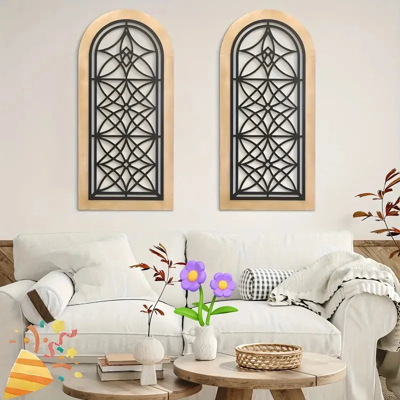 2pcs wooden wall art Vintage Farmhouse Arch Wall Sculptures, Self-Adhesive Semi-Circular Panels for Living Room & Office Decor
