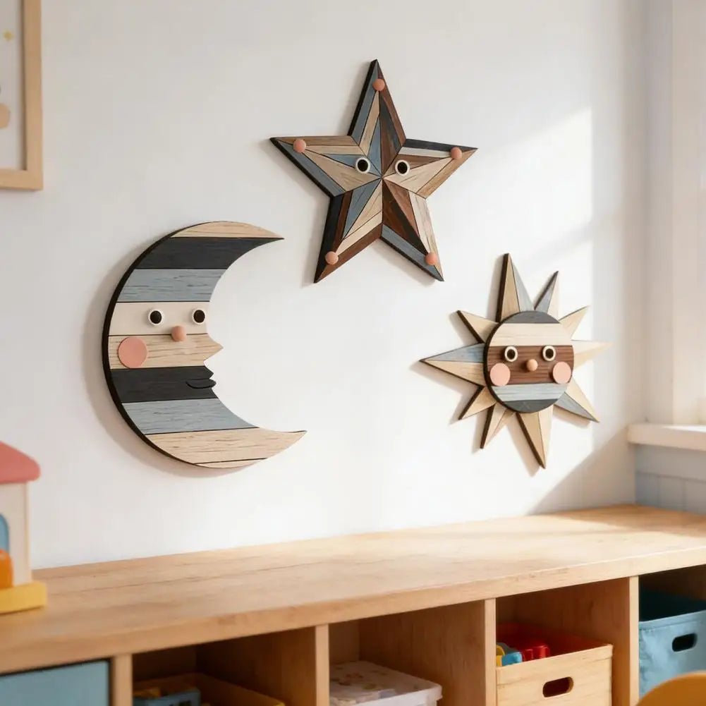 Boho Wall Art Rustic Sun Moon Star Wooden Wall Art Set Bohemian Vintage Wall Hanging Decorations Farmhouse Nordic Boho Home