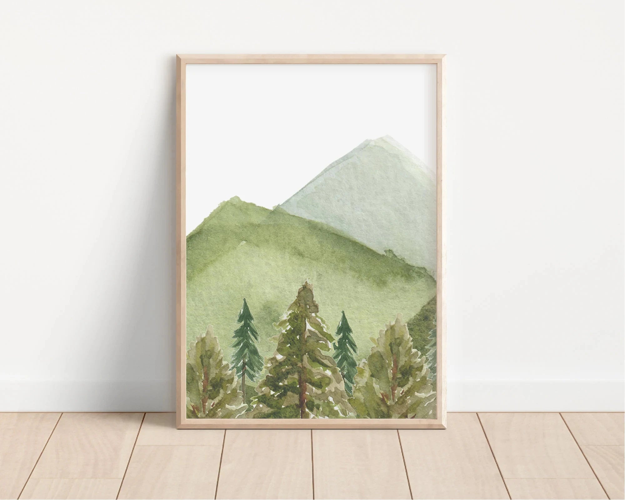 Modern Woodland Nursery Forest Wall Art Watercolor Tree Mountain Birds Canvas Painting Living Room Bedroom Home Decor