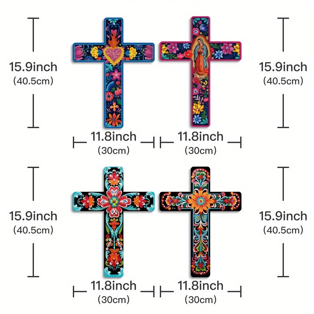 16in 2D Flat Mexican Cross Wooden Wall Art with Colorful Floral Design Wooden Cross Confessor Home Church Farmhouse Decoration