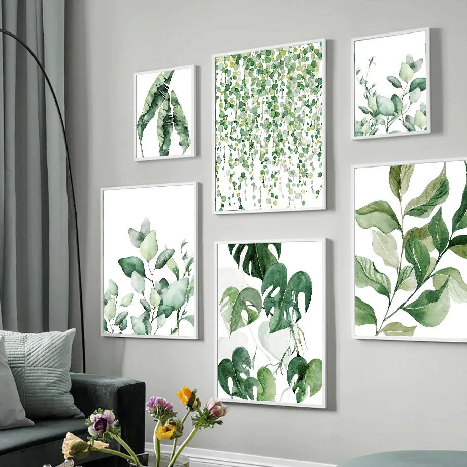 Modern Nordic Style Spring Green Art Poster Plant Leaf Palm Watercolor Wall Art Picture Canvas Print Living Room Home Decor