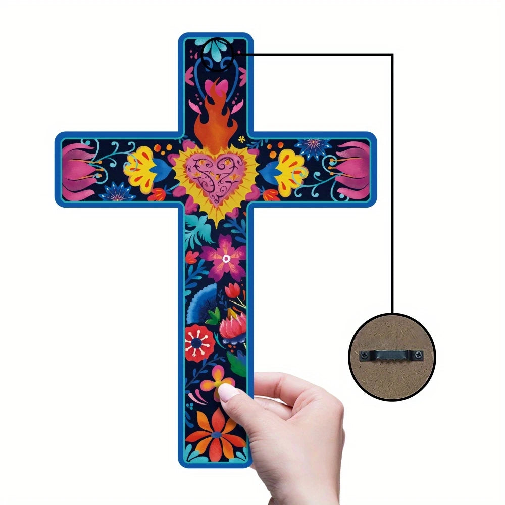 16in 2D Flat Mexican Cross Wooden Wall Art with Colorful Floral Design Wooden Cross Confessor Home Church Farmhouse Decoration