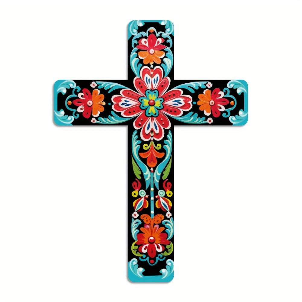 16in 2D Flat Mexican Cross Wooden Wall Art with Colorful Floral Design Wooden Cross Confessor Home Church Farmhouse Decoration