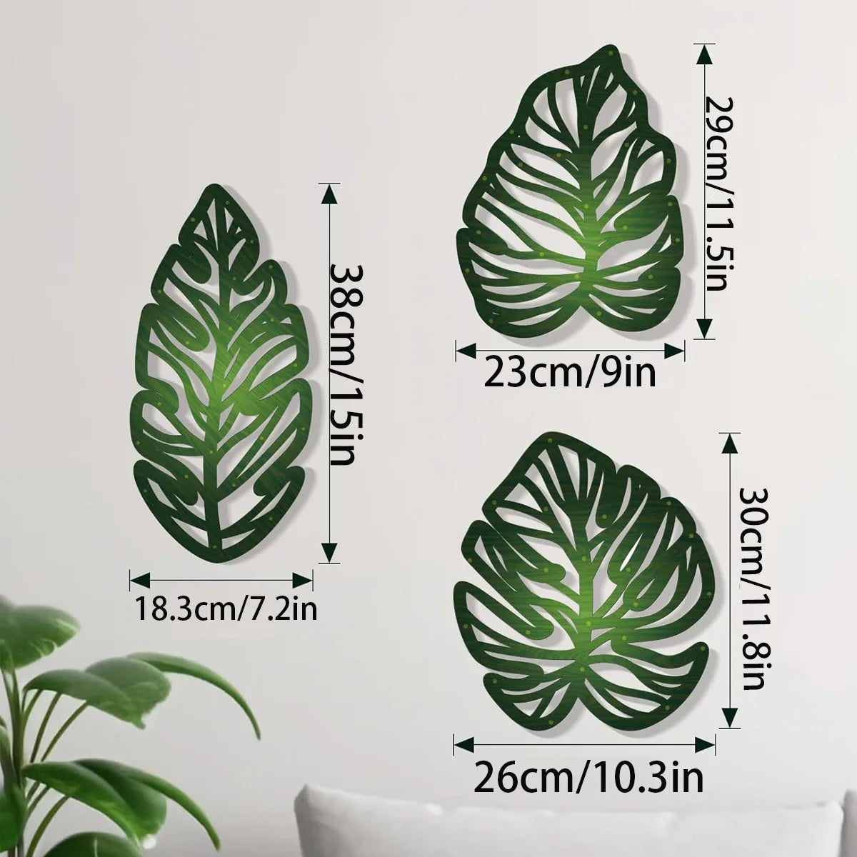3pcs DIY Wooden Palm Leaves Wall Art Vintage Green Leaf Plant Decor Hanging Accents for Home Bathroom Office