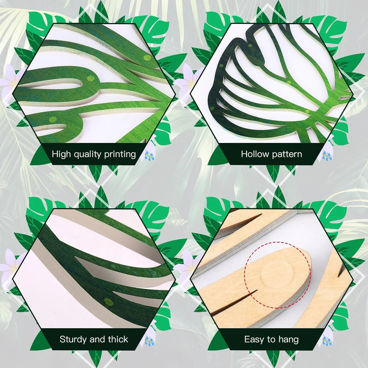 3pcs DIY Wooden Palm Leaves Wall Art Vintage Green Leaf Plant Decor Hanging Accents for Home Bathroom Office