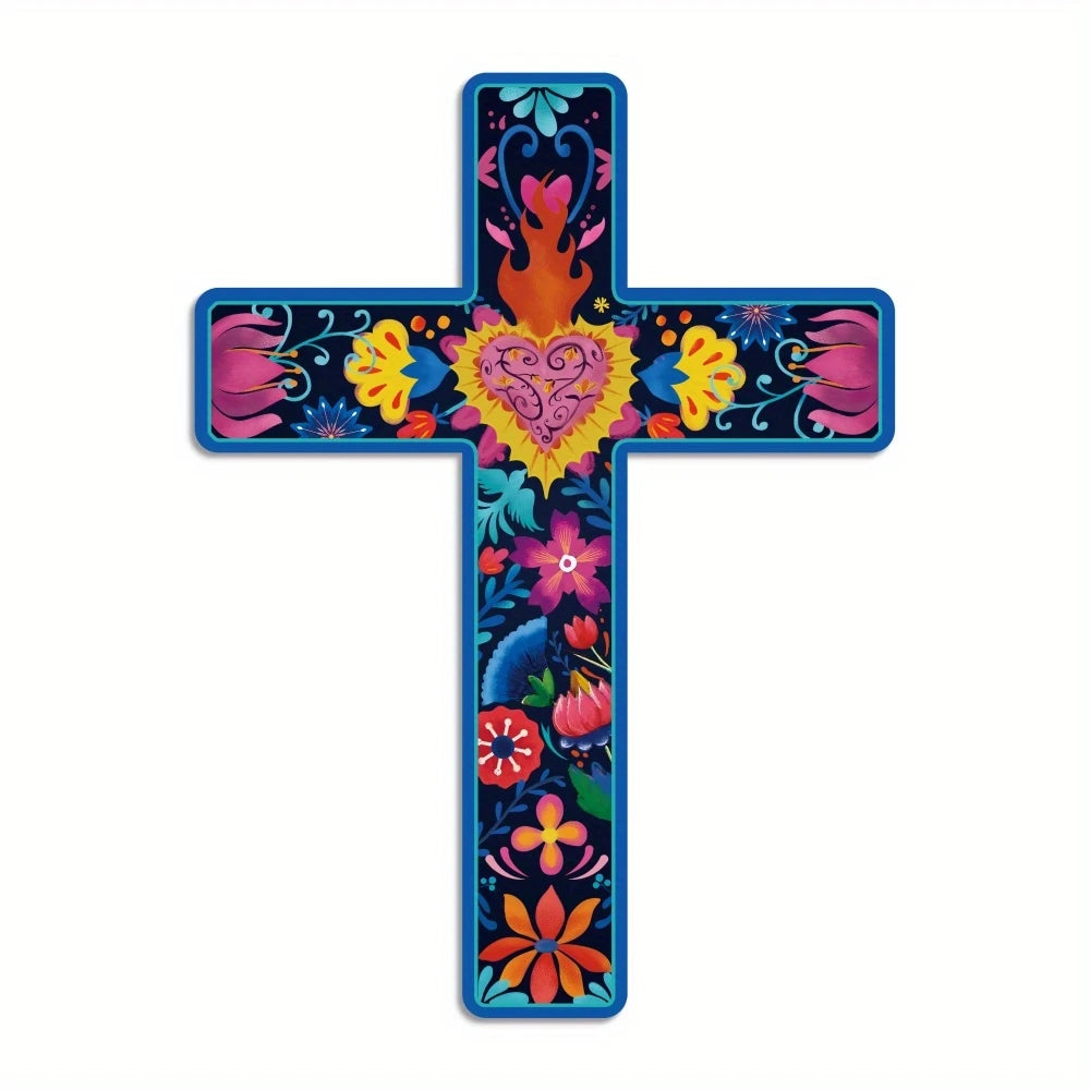 16in 2D Flat Mexican Cross Wooden Wall Art with Colorful Floral Design Wooden Cross Confessor Home Church Farmhouse Decoration